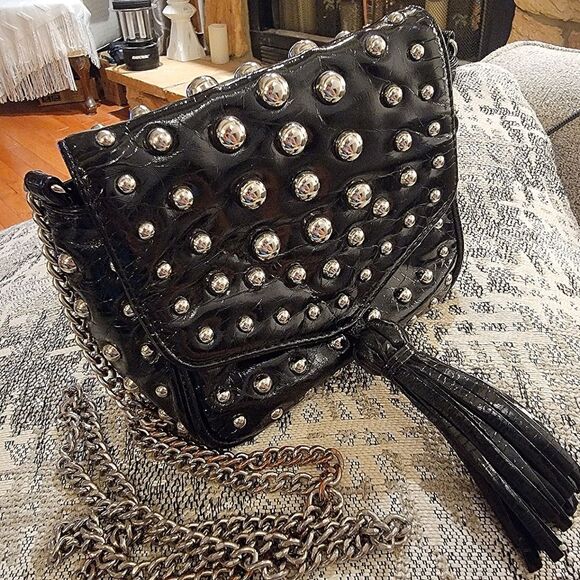 SR Squared Sondra Roberts Silver Studded Black Shiny Shoulder Bag with Tassel - Picture 3 of 9